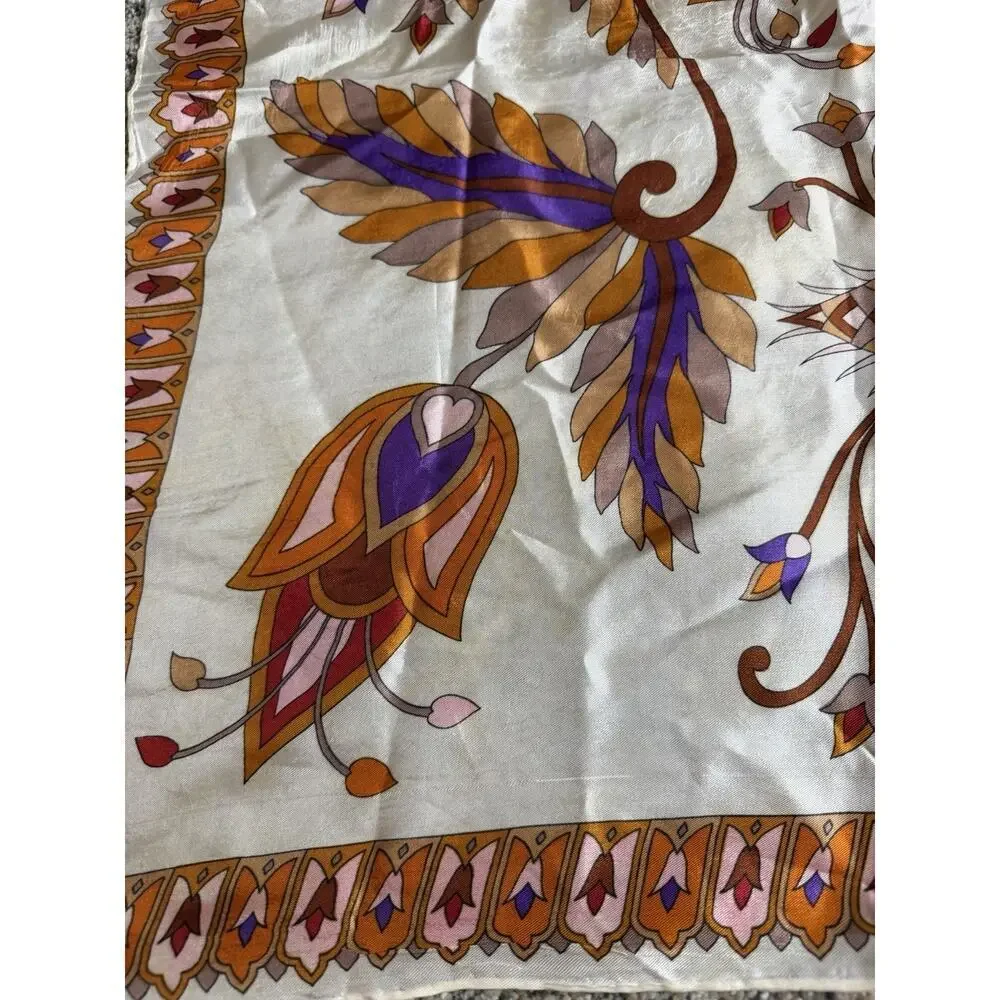 Galla Vintage Regal Satin Square Scarf Lightweight Floral Leaves Orange Purple